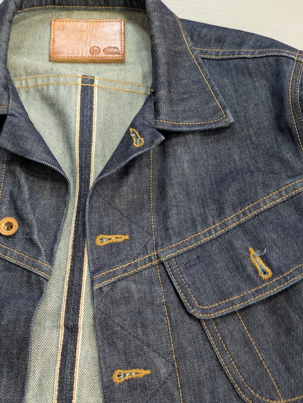 Taylor Stitch Selvage Denim Jacket Mens 38 Indigo Long Haul Trucker Organic EUC